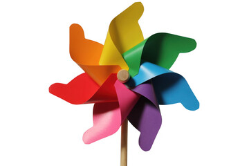 Colorful plastic pinwheel toy windmill isolated on a transparent background