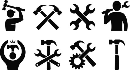 Collection of black and white construction and repair icons