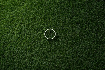 Top-down aerial view of a clean green grass field with a clock icon