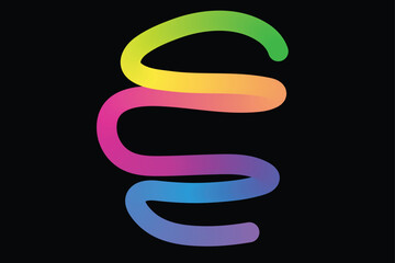 A colorful stylized letter 's' or 'e' symbol with rainbow gradient hues on black background