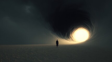 Fototapeta premium A solitary figure walking toward a bright vortex, under a dramatic sky. The scene is both mysterious and compelling.