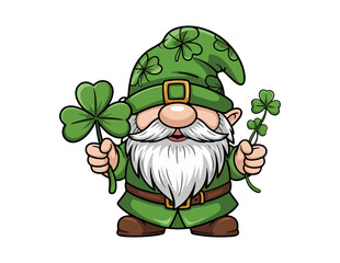 A cheerful leprechaun holding two shamrocks with a green hat and beard