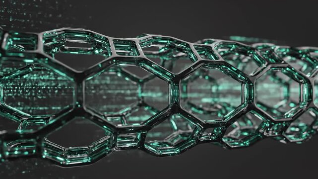 Abstract Nanotube Structure With Glowing Green Data Particles Flowing Through, Futuristic Technology Concept