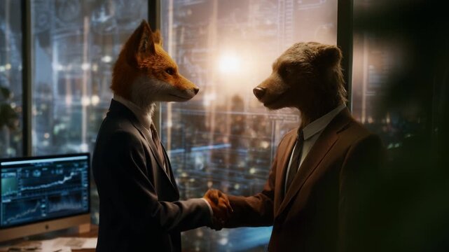 In a modern urban office setting, a fox in a business suit is shaking hands with a bear in a matching suit, symbolizing an unlikely partnership amidst a backdrop of stunning city lights 
