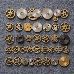 Fototapeta premium A collection of assorted watch gears and mechanical components on a gray surface