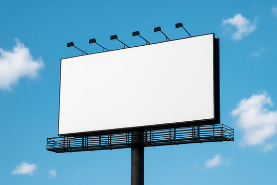 Blank outdoor billboard mockup against blue sky