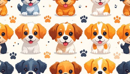 Naklejka premium Adorable puppies pattern with paw prints on a seamless background viewed from the front