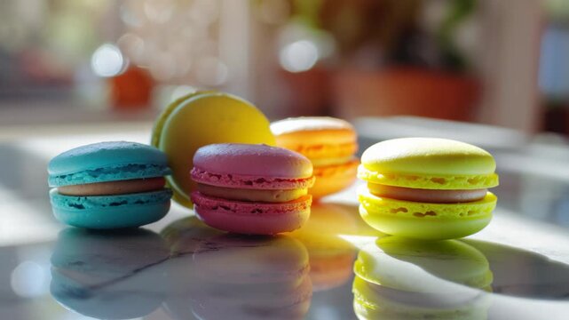 A hand reaches for a colorful pastel macaron while others sit nearby.