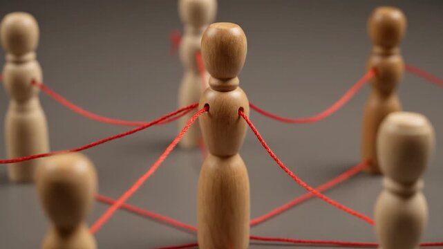 Wooden figures connected by red string, suggesting concepts like teamwork, network, and interconnection