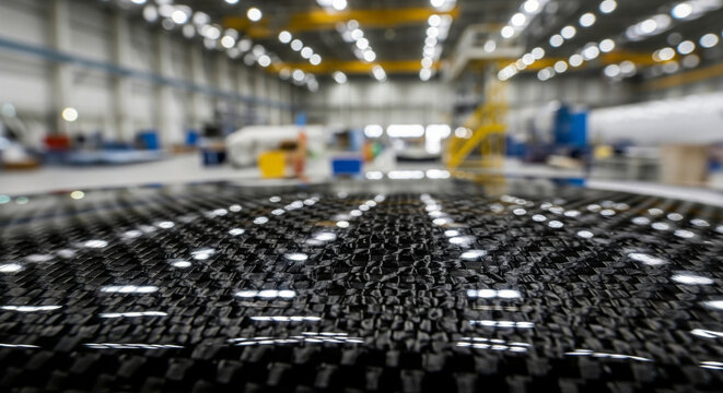 Carbon fiber composite wing section is processed in a vacuum infusion setup at an aerospace facility in a large industrial space