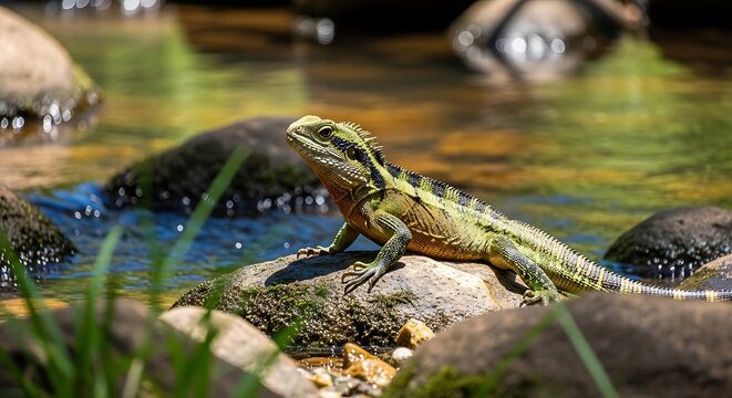 Australian water dragon near river rocks