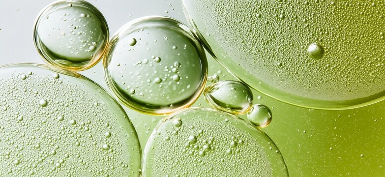 Green oil and bubbles creating a beauty product texture. Abstract wallpaper. Green oil droplets and bubbles suspended in water, forming a natural cosmetic texture