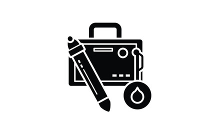Obraz premium Black silhouette of a briefcase with a pencil and droplet icon