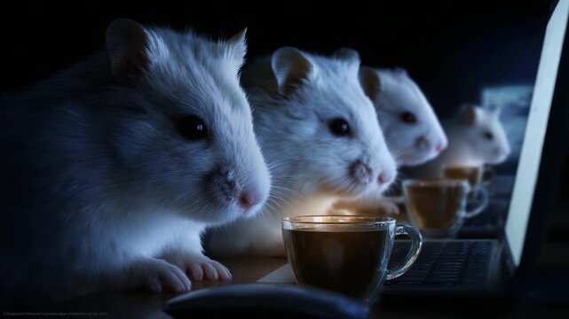A whimsical scene depicting a group of hamsters gathered around computers, intently focused on their screens while sipping from tiny cups