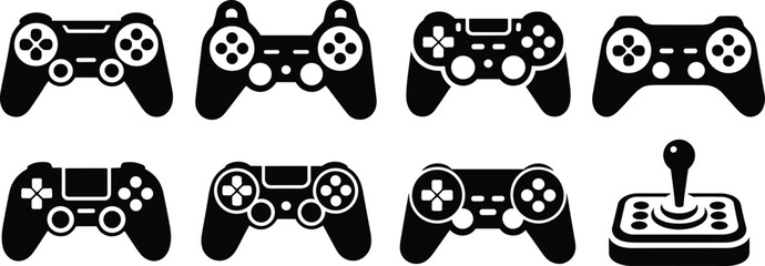 Black video game controller and arcade joystick icon collection, gaming console equipment silhouettes for digital entertainment and technology design © ROWSHON HABIB