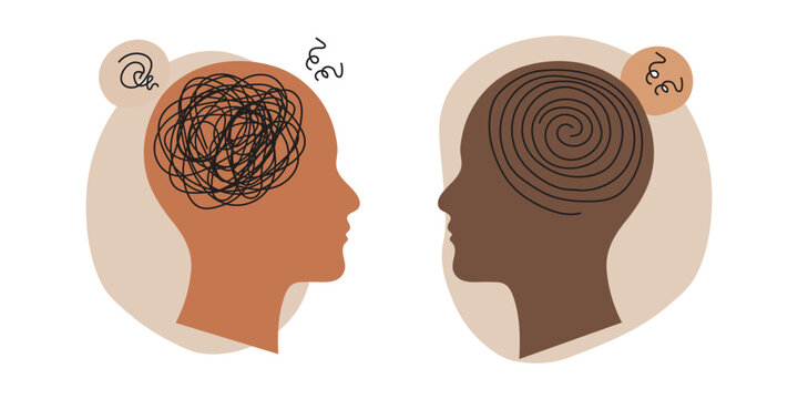 Illustration of two human heads with thoughts and emotions