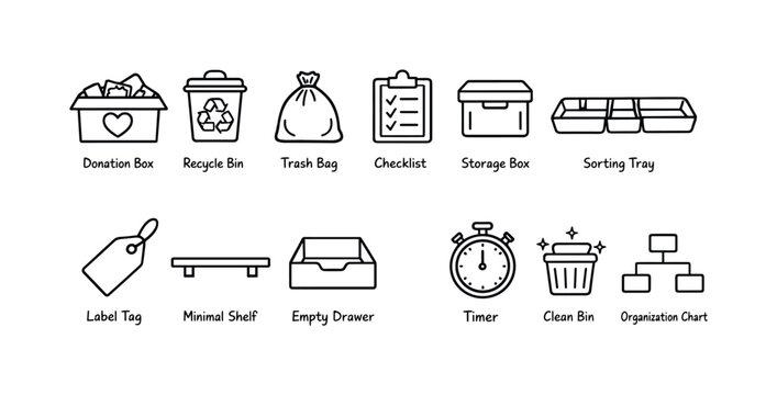 Organizational linear icon set. Featuring donation box, recycle bin, trash bag, checklist, storage, and more.