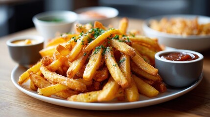 Crispy golden french fries seasoned with herbs and served with dipping sauces