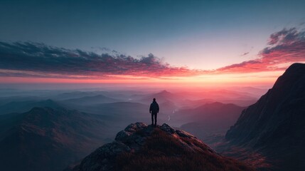 Fototapeta premium Lone hiker stands on a mountain peak at sunrise, gazing at the vast landscape below