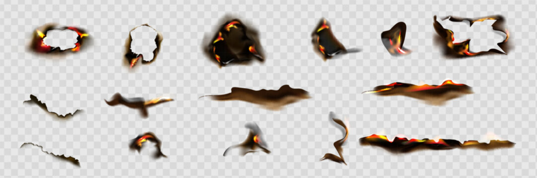 Burnt paper edges with fire and black ash. Vector realistic set of borders and frames from burnt and smoldering sheets of paper.