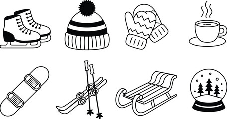 Set of winter activity and cozy season line art icons isolated on white background, seasonal holiday vector illustration collection
