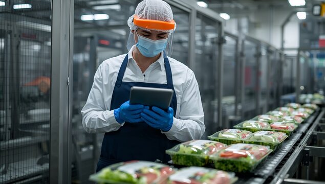 A worker in a food factory, inspecting the production line. He is wearing protective gear and using a tablet to monitor the food