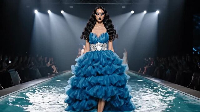Glamorous Model Struts Down Water Runway in Stunning Blue Gown.