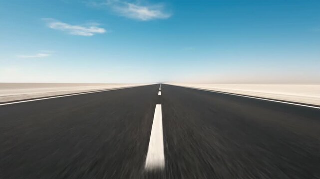 Open road perspective with a clear blue sky and white road markings.