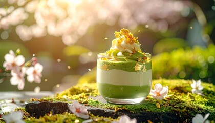 春の桜背景と豪華抹茶パフェの高級和スイーツ
