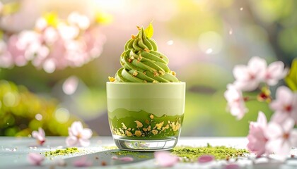 春の桜背景と豪華抹茶パフェの高級和スイーツ
