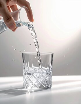 Close Up Of Hand Pouring Clear Water Into Ornate Glass With Splashes And Reflections In Bright Studio Lighting