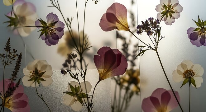 Delicate flowers in soft colors on a frosted glass background