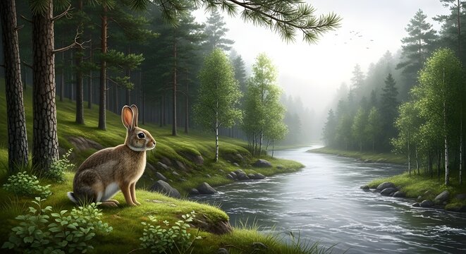 Cute Bunny by the Riverside in a Dense Forest