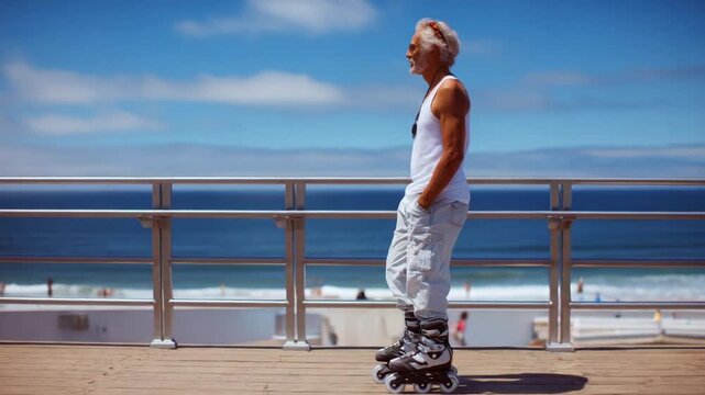 A vibrant scene featuring an elderly man with gray hair enjoying a sunny day by the beach while rollerblading, embracing an active lifestyle 