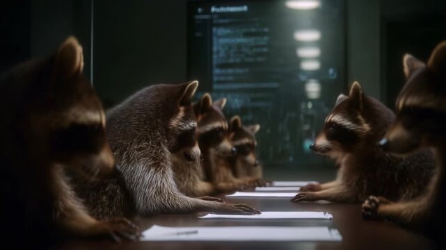 A group of raccoons sits at a conference table, engaged in an important meeting, with documents and a digital screen in the background showcasing various data