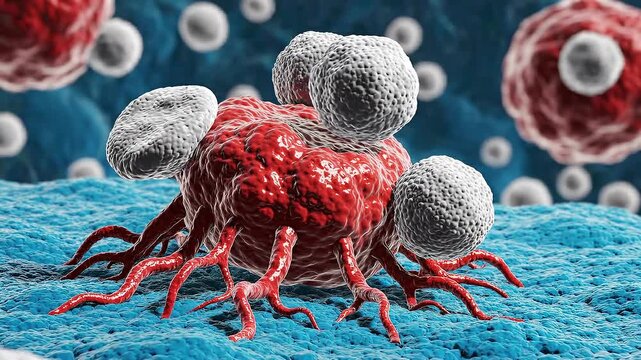 3D medical animation of cancer cell attacked by immune cells on tissue
