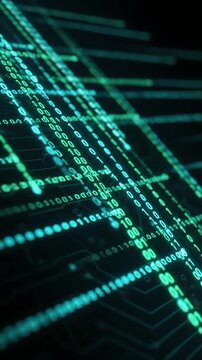 Binary code streams flow across a dark circuit board, representing data processing and information transfer in a futuristic, technological world.