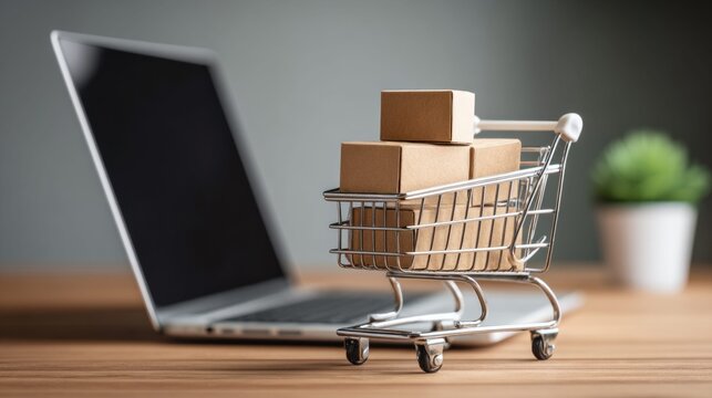 Online shopping cart filled with boxes placed on a wooden desk next to a laptop
