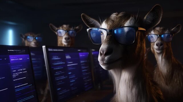 A group of intelligent goats wearing stylish blue glasses, focused on multiple computer screens displaying lines of code and data, creating a unique 