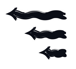 Wobbly wavy arrows pointing to left bold thick stroke graphic element set. Organic leftward flow. Backward return. Expressive grunge marker highlight pointers. Ink rough direction. Vector illustration