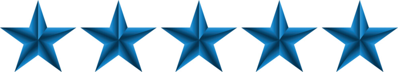 Five blue star rating icon isolated on transparent background for reviews and user feedback. Five stars customer rating feedback isolated vector illustration. Suitable for apps and websites