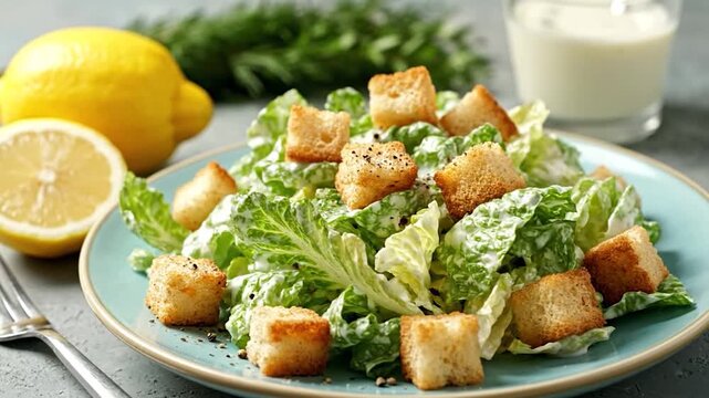 Fresh Caesar salad with croutons, lemon, dressing, and drink. Served on a blue plate, perfect for eating