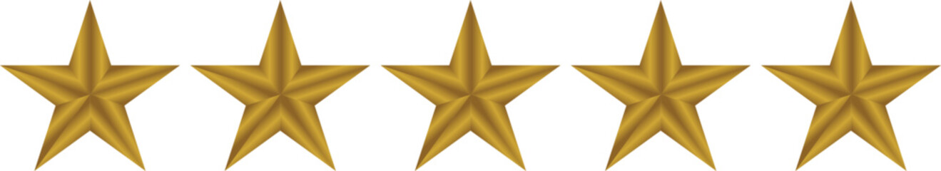 Classic gold five-star rating icon isolated on transparent background for reviews and quality rating