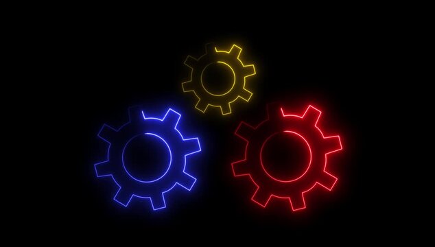 Glowing neon gears in abstract motion on black screen.4k video