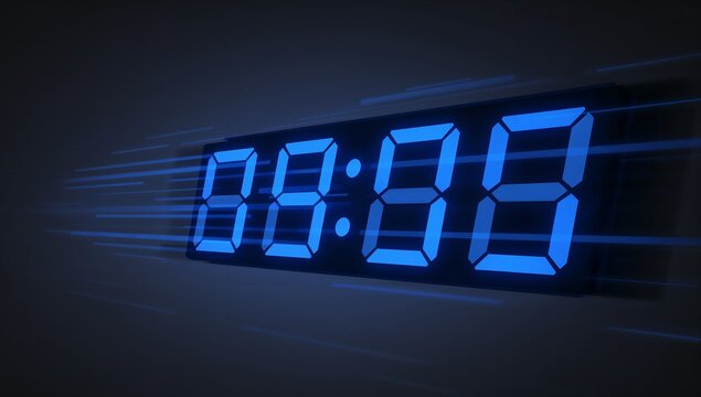 Glowing blue 7-segment display showing 88:88 and casting motion blur in dark studio, with bezel