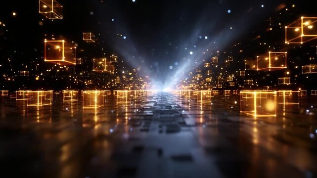 An immersive digital landscape featuring radiant golden cubes floating in a dark space, illuminated beams of light, and a shiny reflective ground, creating a futuristic