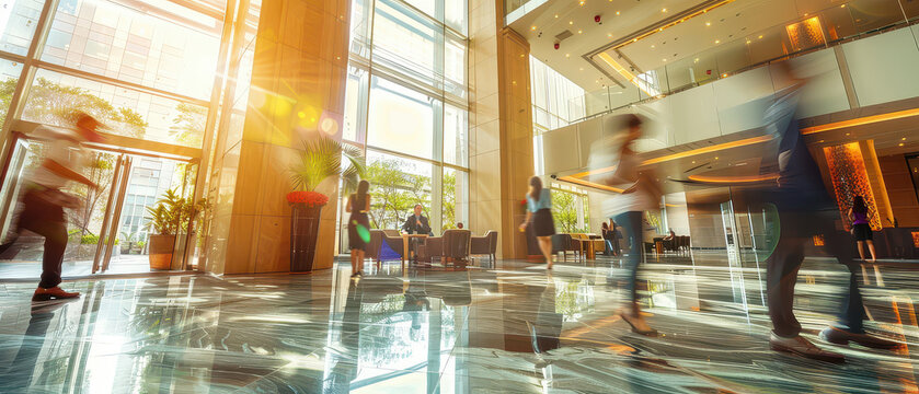 Wide angle shot of guests moving through a modern hotel lobby, capturing hospitality flow, interior atmosphere, business travel activity and premium public environment.