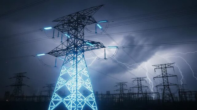 Power lines illuminated during storm with lightning in background  