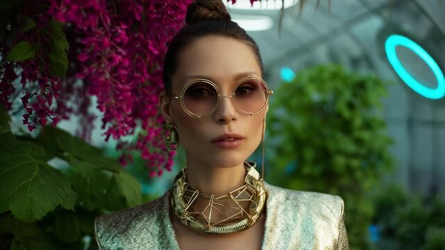 This exquisite visual narrative encapsulates the modern elegance of a stylish woman adorned in luxurious accessories, set against a backdrop of vibrant floral elements 