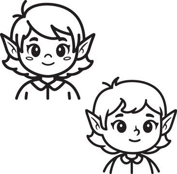 Cute elf faces outline &ndash; Adorable fantasy elf cartoon line art vector illustration
